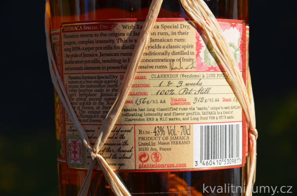 Zadní etiketa Plantation Xaymaca Special Dry